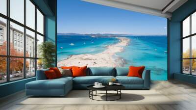 illetas, formentera beach seen from drone with turquoise and crystalline sea and Ibiza in the background Wall mural