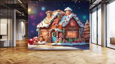 image that captures the essence of the Christmas season with a gingerbread house and beautifully decorated cookies. The gingerbread house, decorated with white icing and colorful candies against a bac Wall mural