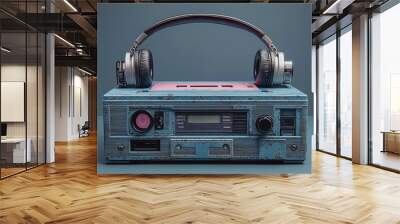 A 1980s cassette player with wireless headphones, showing how old and new audio tech can coexist. Concept of retro sound with modern convenience. Wall mural