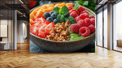 A bowl of fresh fruit and nuts on a wooden table, with a glass of green smoothie. Concept of healthy eating. Wall mural