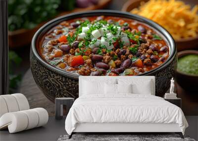 A bowl of spicy Mexican chili with beans, ground beef, and a sprinkle of cheese, capturing the bold flavors and hearty texture of this favorite dish. Wall mural