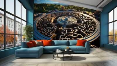 A brain-shaped labyrinth with winding paths, representing the twists and turns of decision-making and problem-solving. Concept of decision-making. Generative Ai. Wall mural