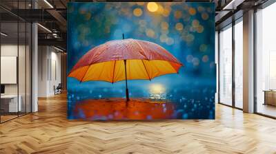 A brightly colored umbrella opened against a backdrop of falling rain. Concept of protection and vibrancy. Generative Ai. Wall mural