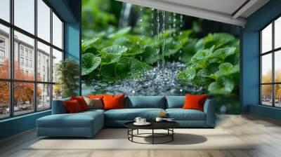 A captivating image of a rainwater harvesting system in action, showcasing the ingenuity behind collecting and utilizing rainwater for sustainable water management. Generative Ai. Wall mural