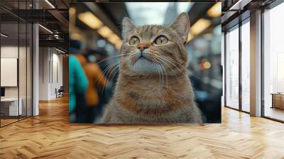 A cat standing in a crowded subway train, looking tired, reflects the fatigue of city commuting. Concept of animals in human roles. Wall mural