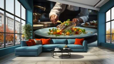 A chef expertly plating a gourmet dish in a high-end restaurant. Concept of culinary artistry. Generative Ai. Wall mural