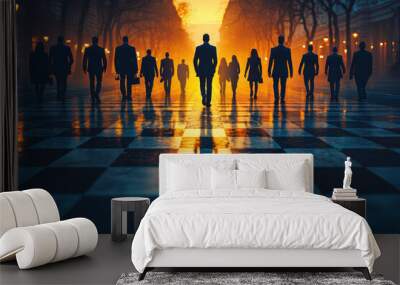 A chessboard where business people are the pieces, symbolizing the strategic moves needed to succeed in the corporate world. Concept of business. Wall mural