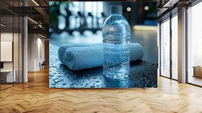 A close-up of a water bottle and towel on a gym bench, symbolizing hydration and preparation for exercise. Concept of fitness readiness and hydration. Wall mural