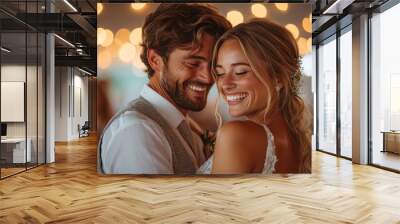 A couple laughing together as they dance at their wedding, surrounded by loved ones. Concept of celebration and unity. Generative Ai. Wall mural