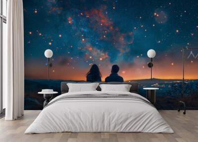 A couple stargazing on a clear night, marveling at the cosmos. Concept of wonder and connection. Generative Ai. Wall mural