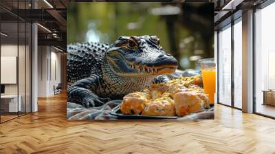 A crocodile having a picnic in a park, enjoying food with friends on a blanket, reflecting social activities. Concept of relaxation. Wall mural