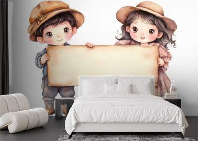 A cute watercolor illustration of two young, adorable children wearing vintage peasant from the American countryside Wall mural