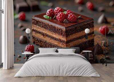 A decadent chocolate dessert with layers of rich mousse and a glossy ganache, highlighting the indulgent and luxurious nature of fine sweets. Wall mural