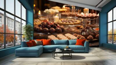 A dessert buffet display at a hotel event, featuring an array of decadent sweets for guests to enjoy. Concept of indulgent culinary offerings. Generative Ai. Wall mural