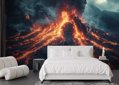 A dramatic volcanic eruption with molten lava flowing down the sides and ash plumes reaching into the sky, highlighting the power and intensity of natural forces. Wall mural