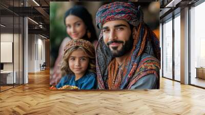 A family in traditional Middle Eastern attire enjoying a meal outdoors during a festival, highlighting regional food customs and family gatherings. Wall mural