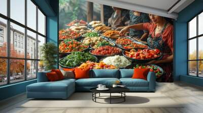 A family preparing a large meal together, filling the table with traditional dishes for a cultural feast. Concept of food and communal bonding in cultural celebrations. Wall mural