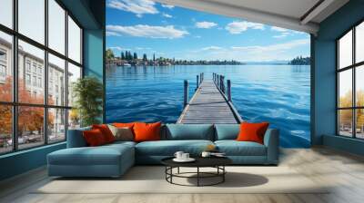 A floating dock on a calm, blue lake. Concept of lakeside paradise. Generative Ai. Wall mural