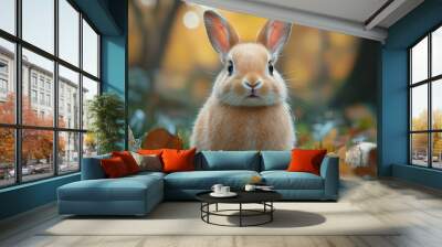 A fluffy rabbit sitting in a patch of green grass, twitching its nose and looking curiously at the camera. Wall mural