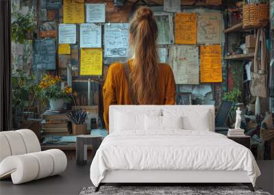 A genderqueer person organizing their workspace at home, setting up a productive environment for creative projects. Concept of work-life balance and organization. Wall mural