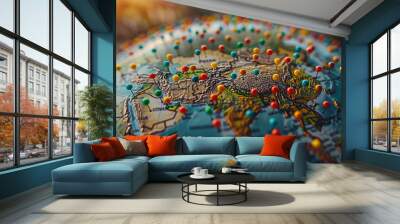 A globe adorned with colorful pins marking locations of international significance, highlighting global hotspots and geopolitical events. Concept of global geopolitics and mapping. Generative Ai. Wall mural