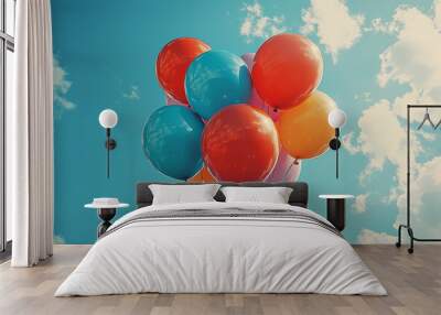 A group of colorful balloons floating against a clear blue sky, adding cheer to a festive atmosphere. Concept of celebration and joy through color. Wall mural