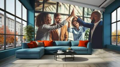 A group of employees high five each other in the office after a success. The concept of being successful and successful in business projects. Generative Ai, Ai. Wall mural