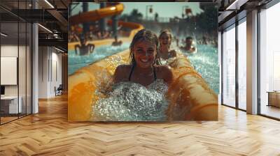 A group of friends enjoying a day at a water park, sliding down attractions and swimming. Concept of summer fun and recreational activities. Wall mural