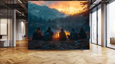 A group of friends sharing a quiet moment, sitting around a campfire, feeling relaxed and at ease. Concept of bonding and relaxation. Wall mural