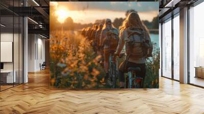 A group of tourists embarking on a guided bicycle tour of a scenic countryside, immersing themselves in local culture and nature. Concept of active tourism and cultural exploration. Generative Ai. Wall mural