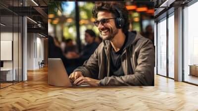 a happy, trendy young businessman in smart casual attire sitting in a cafe with headphones and worki Wall mural