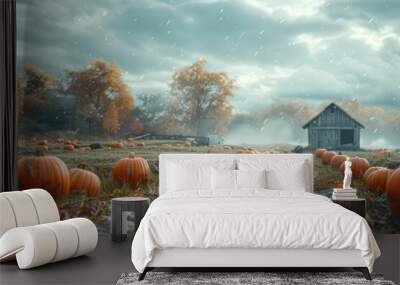 A harvest scene with pumpkins and hay bales. Concept of autumn festivals and seasonal change. Generative Ai. Wall mural