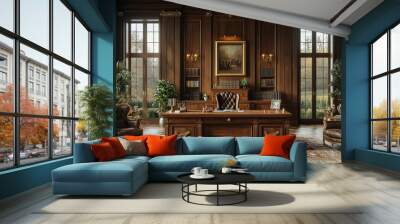 A home office styled as a royal council chamber, with large wooden desk and regal furnishings, representing professional authority. Concept of work. Wall mural