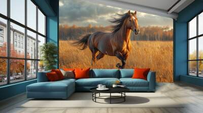 A horse galloping across an open field, its mane and tail flowing in the wind. Concept of freedom and dynamic strength. Wall mural