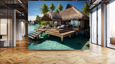 A luxurious overwater bungalow in a lagoon. Concept of exclusive retreat. Generative Ai. Wall mural