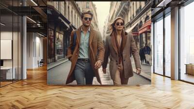 A man and a woman dressed fashionably in sunglasses are walking on a city street. lifestyle concept. Generative Ai, Ai. Wall mural