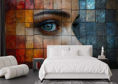 A mosaic of various human faces with each face reflecting a different emotion, showcasing the diverse spectrum of human cognition. Concept of emotional intelligence and complexity. Wall mural