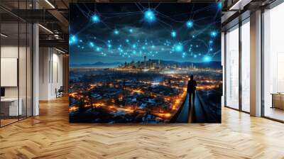 A network of smart grid technologies optimizing energy distribution from renewable sources. Generative Ai. Wall mural