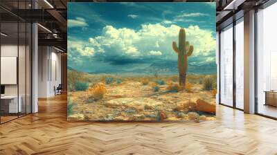 A parched desert landscape with a lone cactus struggling to survive. Concept of desertification and the effects of climate change on ecosystems. Wall mural