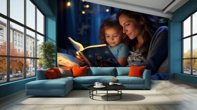 A parent reading a bedtime story to their child, nurturing a love for reading. Generative Ai. Wall mural