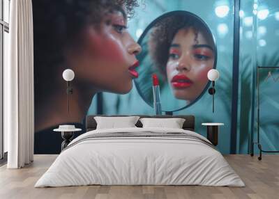 A person applying bold red lipstick in front of a mirror, illustrating a classic beauty routine. Concept of timeless makeup application. Generative Ai. Wall mural