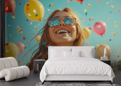 A person blowing up balloons and then letting them go, laughing as they fly away. Concept of playful experimentation and letting go of control. Wall mural