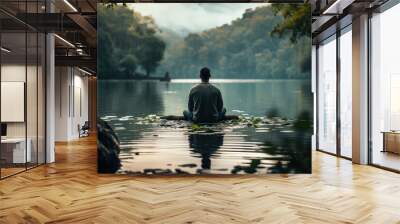 A person enjoying a moment of solitude in nature, emphasizing the restorative effects of spending time outdoors. Generative Ai. Wall mural