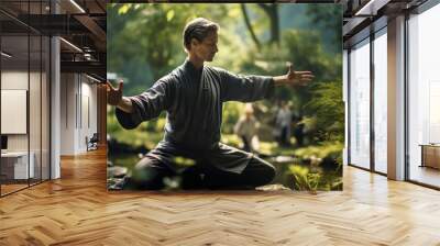 A person practicing tai chi in a peaceful garden, illustrating the harmonious blend of physical and mental well-being through mindful movement. Generative Ai. Wall mural