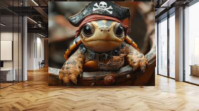 A pet turtle with a tiny pirate hat and a small cardboard ship attached to its shell. Concept of creative pet costumes and playful absurdity. Wall mural