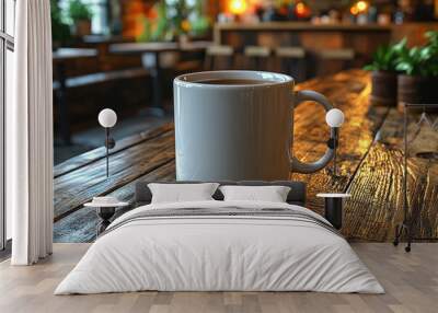 A plain white coffee mug sitting on a wooden table, ready for any custom design. Wall mural