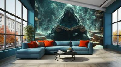 A powerful sorcerer surrounded by floating, ancient tomes, deep in study. Concept of arcane knowledge and mystical power. Wall mural