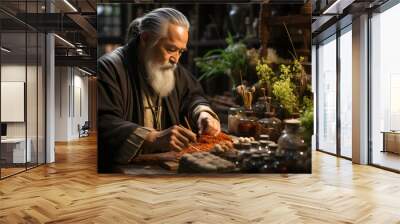 A practitioner of traditional Chinese medicine preparing herbal remedies, highlighting the ancient wisdom of holistic healing. Generative Ai. Wall mural