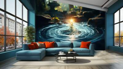 A ripple effect in a pond, emanating from a dropped idea, illustrating the far-reaching impact of creative thought. Concept of idea waves. Generative Ai. Wall mural