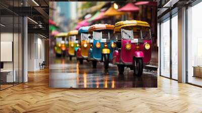 A row of colorful tuk-tuks navigating the bustling streets of Bangkok, representing the Concept of urban transportation in Southeast Asia. Generative Ai. Wall mural